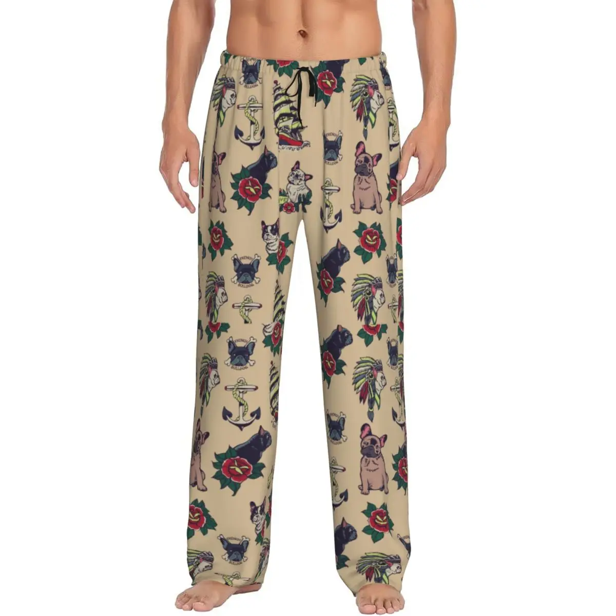 Custom Printed Men French Bulldog Tattoo Pajama Pants Animal Frenchie Dog Lover Sleepwear Sleep Lounge Bottoms with Pockets