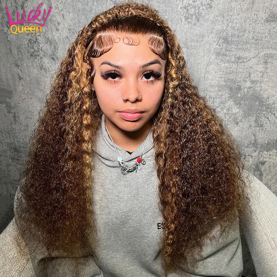 13x6 Highlight Lace Front Wig Human Hair 4/27 Ombre Curly Lace Front Wig Pre Plucked With Baby Hair 180% Density Human Hair