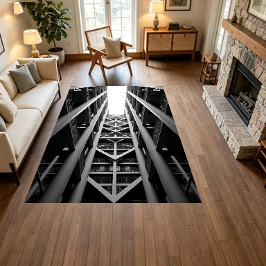 Black-and-White Industrial Building Architecture Carpet Flooring, Geometric Structural Non-Slip Floor Rug for Living Room Bedroom Office Home Decoration