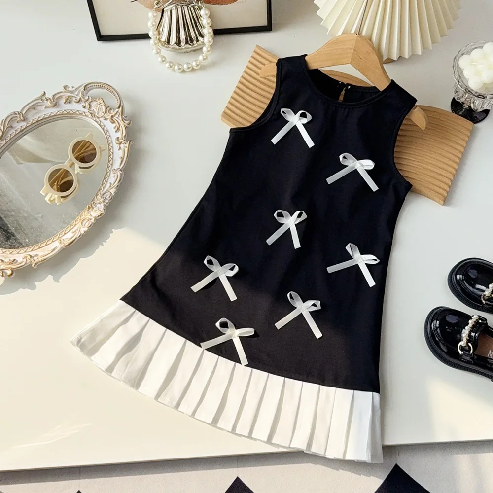 Black Bow Decoration Girls Dress Summer Sleeveless Princess Dresses Color Blocked Children's Clothing 3 To 7 Years Wear