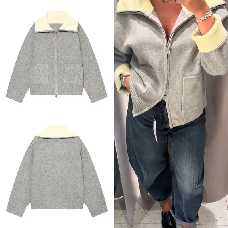 Guobioziy Women Drop Shoulder Knitted Jacket Zip Front Contrast Turn Down Collar Pockets Loose Fit Korean Streetwear Casual