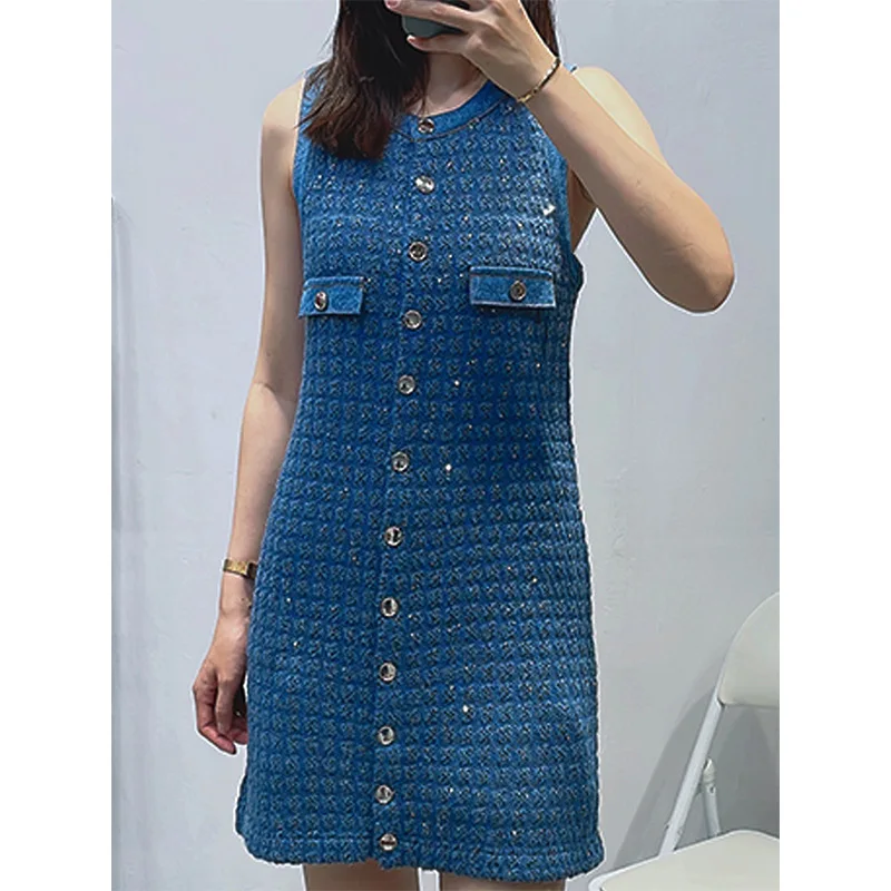 Sequin Dress French Blue Decorative Short Sleeveless Round Neck Knitted 2024 New Women\'s Wear y2k clothes