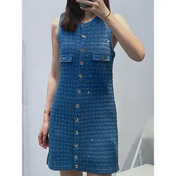 Sequin Dress French Blue Decorative Short Sleeveless Round Neck Knitted 2024 New Women's Wear y2k clothes