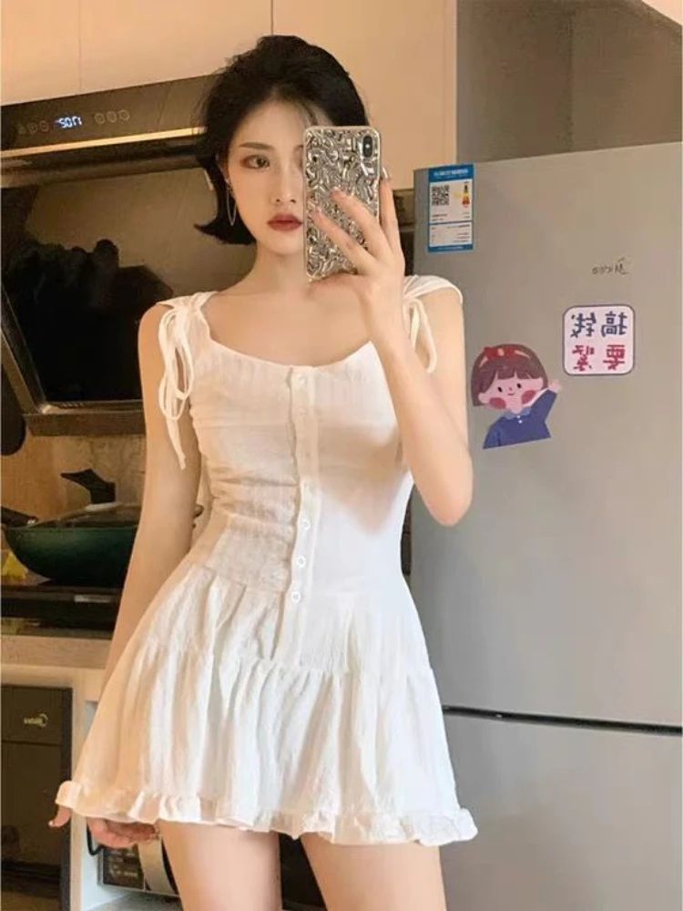 White Sweet Sling Robe Femme Summer Dress for Women 2024 Vestidos De Mujer Ruffles High Waist  A-line Temperament Mini Dresses