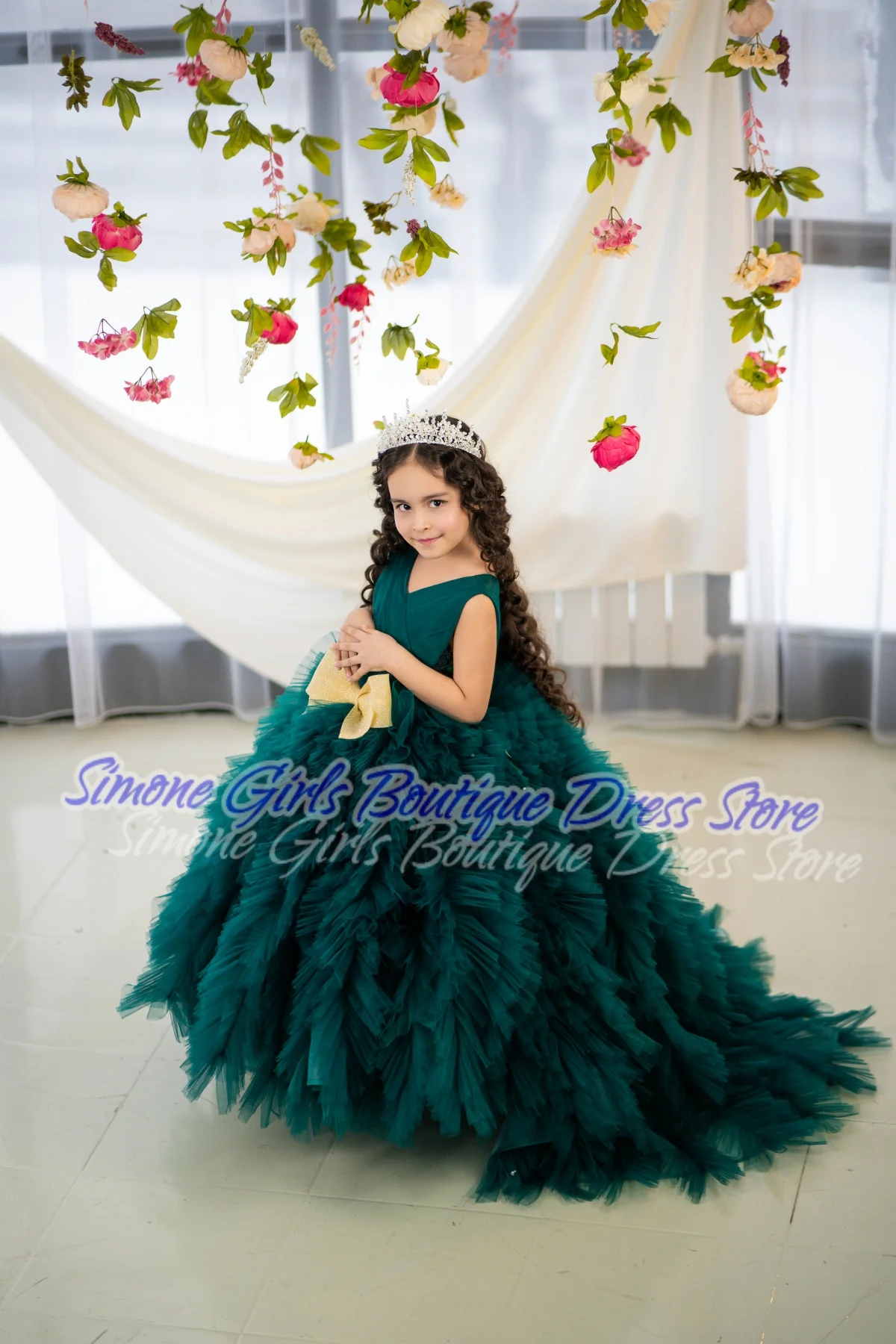 Vestido de fiesta con cuello en V, falda hinchada rosa con lazo, vestido de niña de flores para recepciones formales, celebraciones navideñas, actuaciones de baile, fiestas