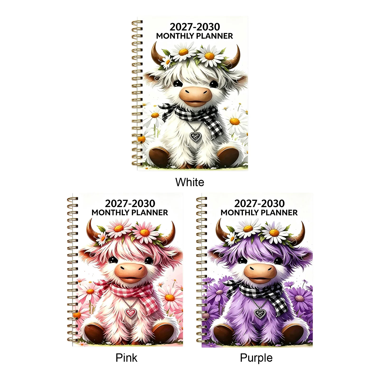 2027-2030 Cute Highland Cow Monthly Planner Hard Cover Spiral Bound Notebook A5 Calendar Book