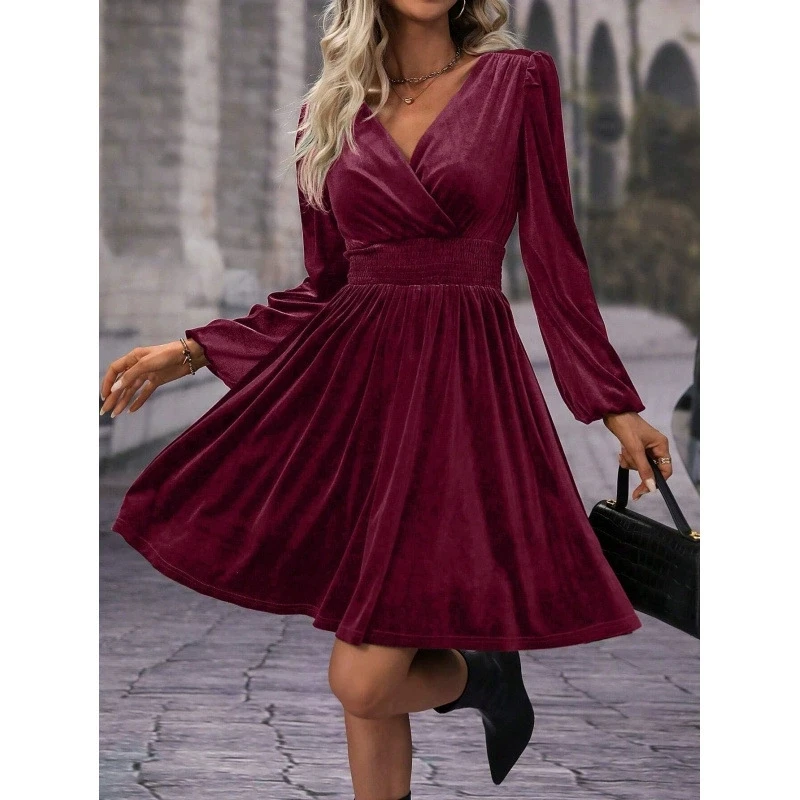 

Autumn Winter Solid Color Velvet Dress Women New V-neck Long Sleeve Elastic Waist A-line Short Dresses Lady Commuting Vestidos