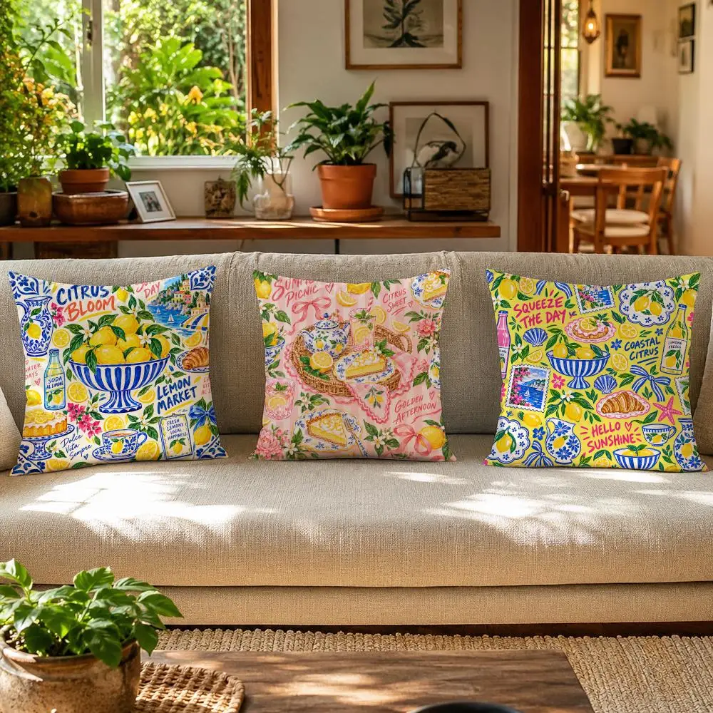 Lemon Tea Cake Fruit Print Summer Cushion Cover Skin-Friendly Organic Linen Pillow Cover Durable Hypoallergenic Washable Soft