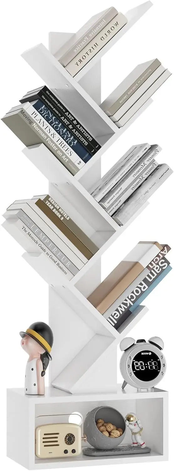 

6 Tier Tree Bookshelf, Tall Bookcase, Wood Book Storage Rack with Drawer, Modern Floor Standing Book Shelf for Books/Mov