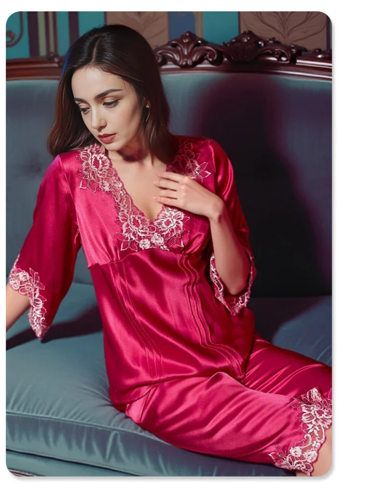 19 Momme 100% Real Silk Pajamas Set for Women Lace Trim Short Sleeve Top & Pants Summer Loungewear Skin Friendly Home Clothes PJ
