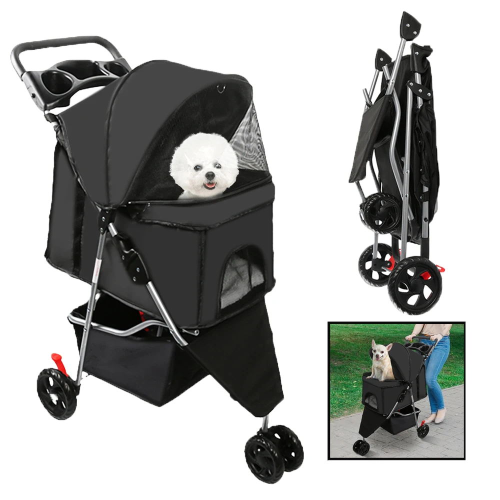 Pet Stroller Foldable Dog Walking Cat Stroller With Storage Basket Collapsible Puppy Jogging Pet Cart For Daily Pet Supplies