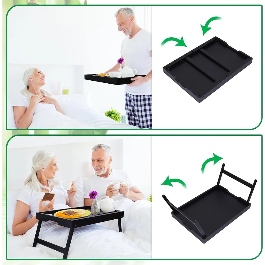 Bamboo Bed Tray Table with Folding Legs Phone Tablet Holder Foldable Breakfast Table Laptop Desk Black Medium