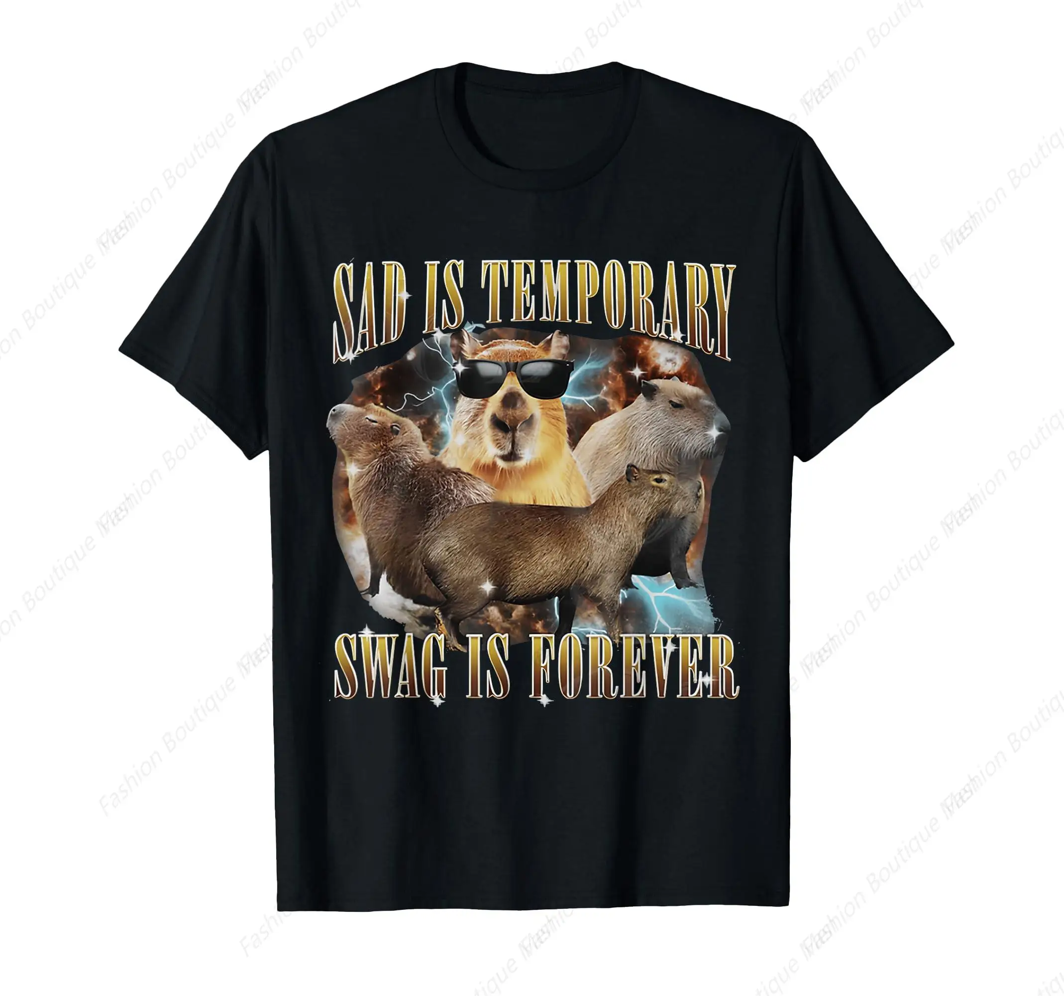 Sad Is Temporary Swag is Forever Capybaras Vintage 90s T-Shirt Leisure Youth Tee Shirt Cotton Funny Short Sleeve