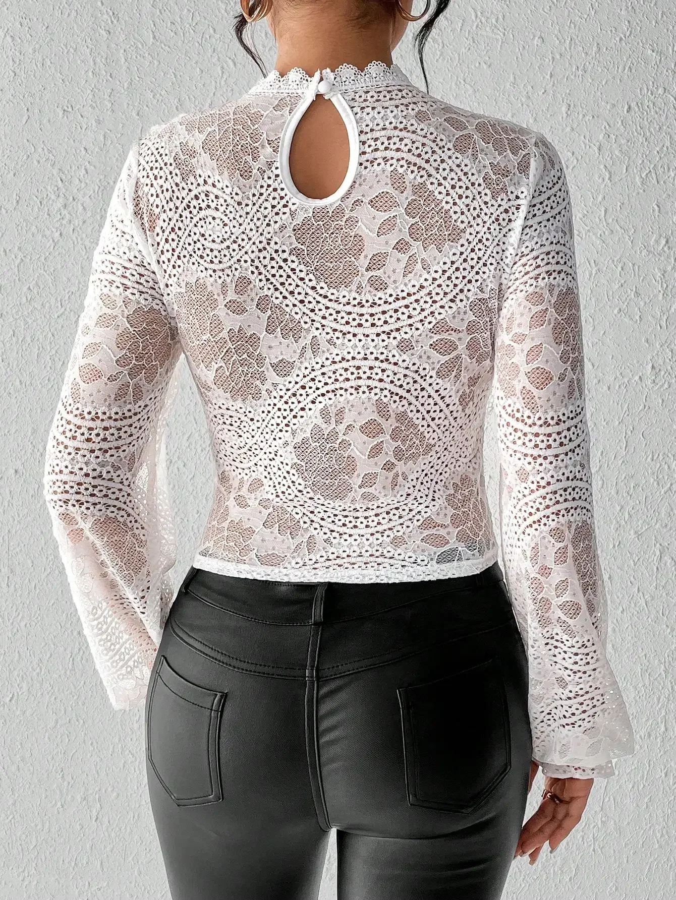 Elegant sexy women\'s shirt small stand collar long sleeve lace patchwork pleated lace perspective knitted women\'s shirt