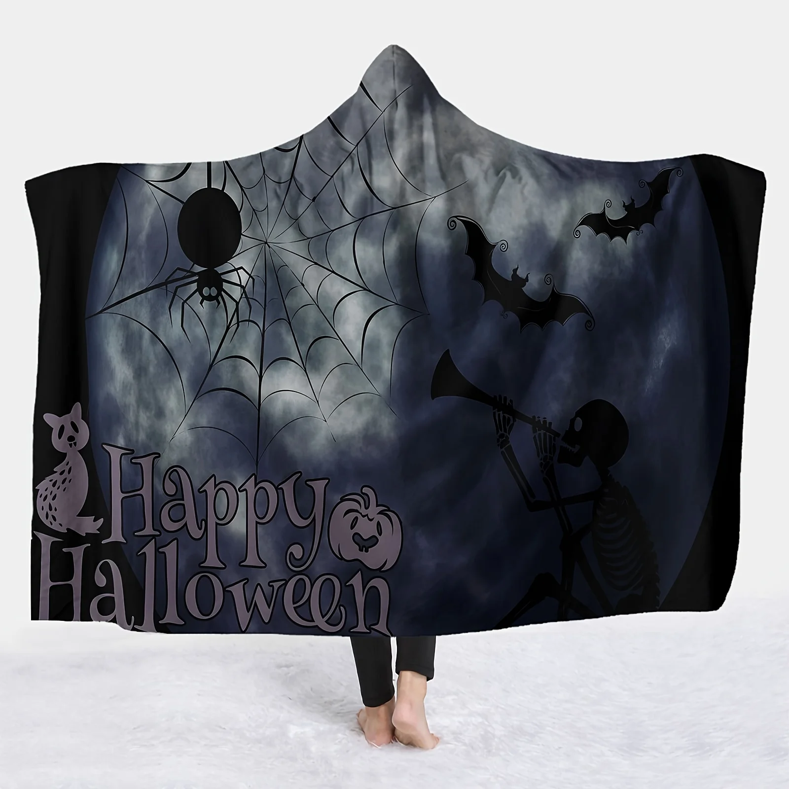 1pc Halloween Pattern Hooded Blanket Thick Nap Wearable Magic Blanket Hooded Cape Cozy Warm Soft