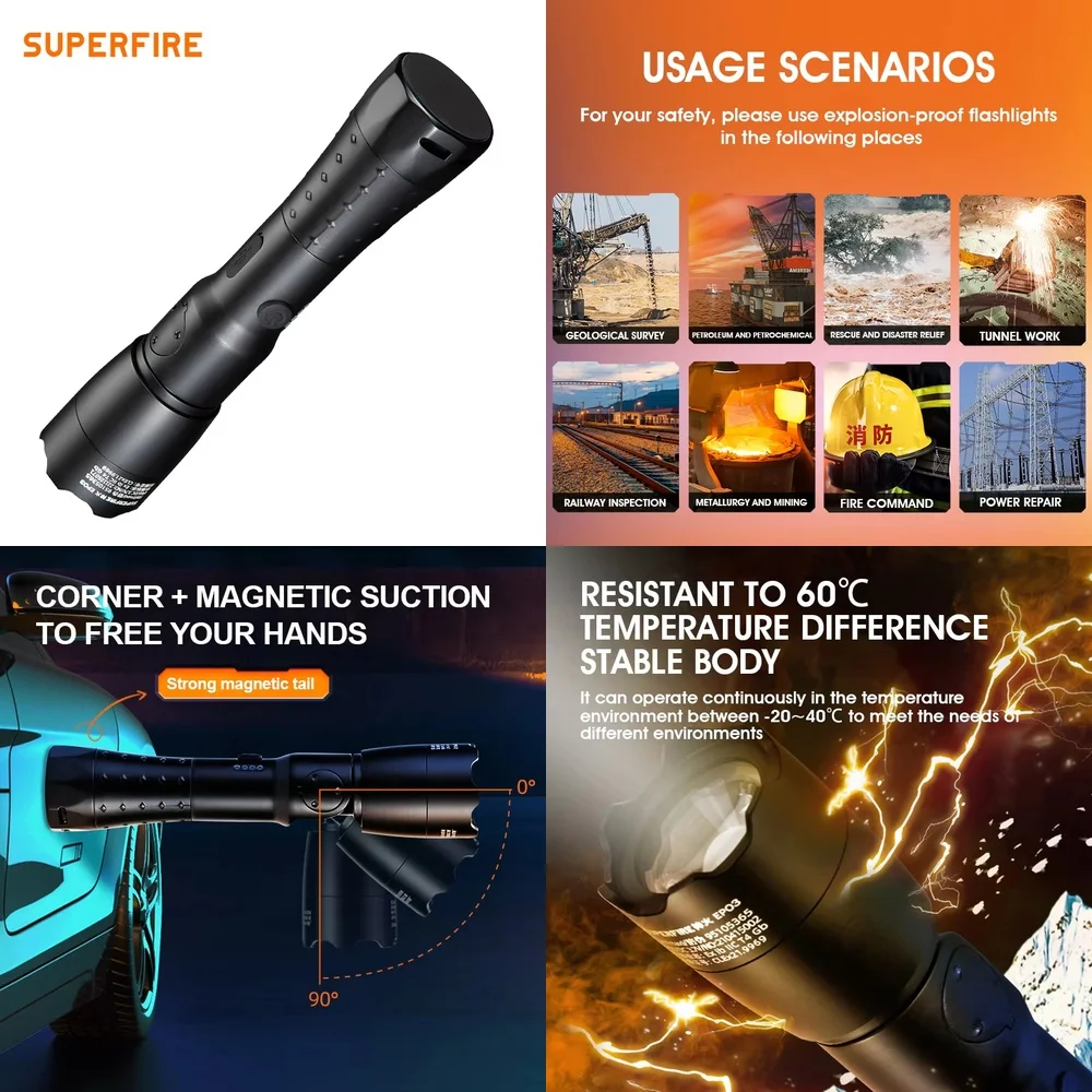 

USB Rechargeable Bright LED Tactical Flashlight for Outdoor Camping Hiking Patrol Security Explosion Proof Waterproof