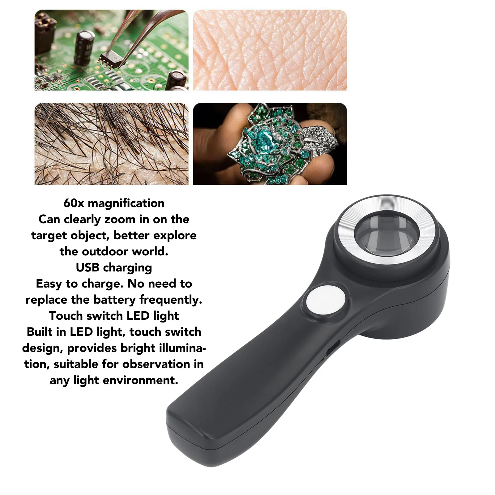 Handheld Illuminated Magnifier Lightweight USB Charging Portable Magnifying Glass Clear LED Light for Reading for Observation