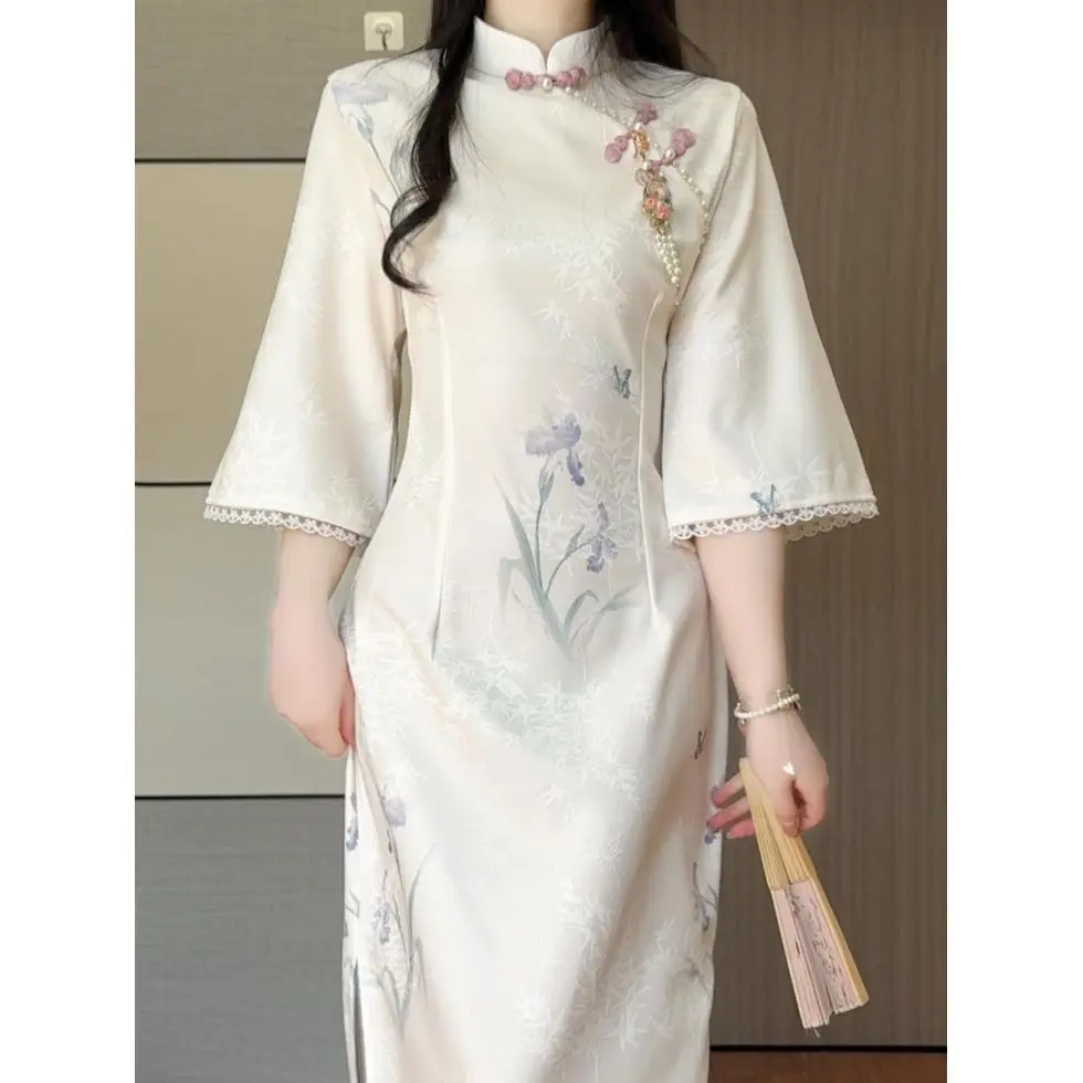 Spring High End Modern Cheongsam New Chinese Style Floral Big Sleeves Long Dress for Young Girls Qipao Mandarin Dress CH-177