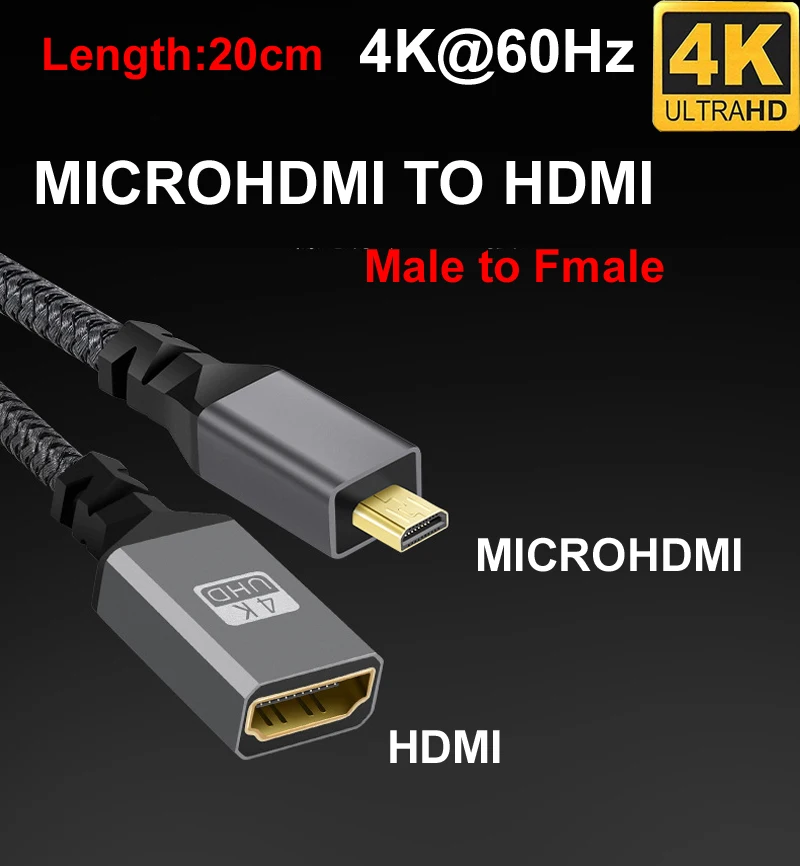 20CM 1080P 4K@60HZ V2.0 MicroHDMI MICRO HDMI Male Straight To HDMI Fmale Extension Cable For Cameras HDTV Monitor Projector Tabl