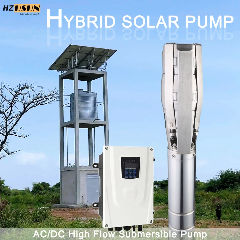 Hybrid 1.1 Kw Solar Powered Submersible Borehole Shallow Well Pump DC High Flow Water Transfer Pump for Irrigation Pressure Tank