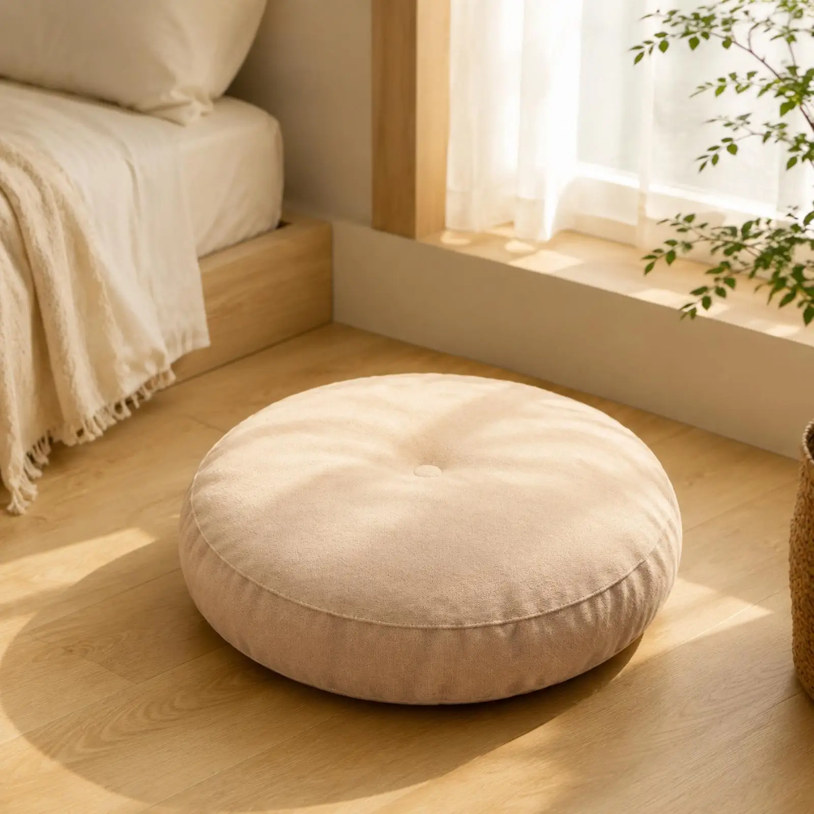 Thick Round Floor Cushion Cotton Linen Blend Tufted Center Seating Pad for Low Profile Lounge Chair Support