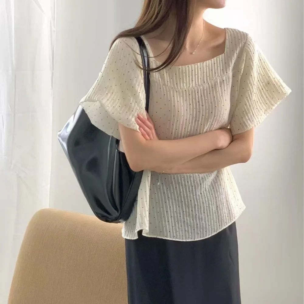 Holiday Light Blouse Square Collar Dot Loose Chiffon Blouse Half Sleeve Cool Pullover Tops Female 2026