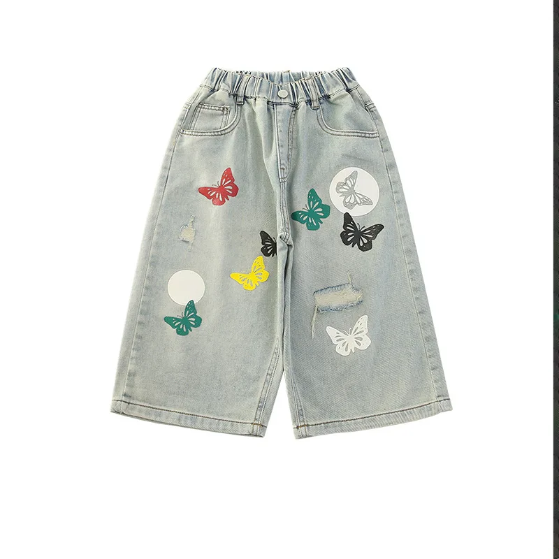 Teenager Kids Girls Summer Ripped Shorts 2025 New Middle Large Child Fashion Western Style Casual Butterfly Printing Pants