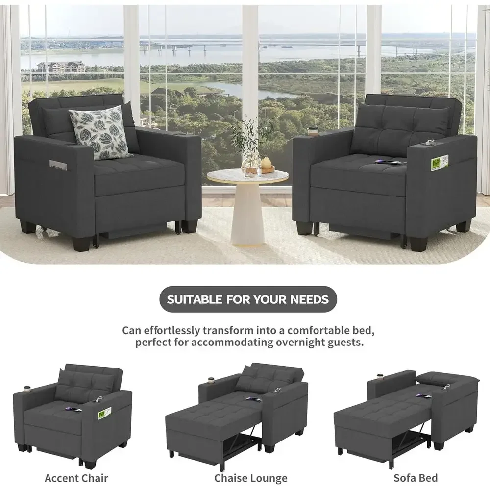 Convertible Sleeper Chair, 3-in-1 Pull Out Soa Bed with USB Port, Cup Holders, Adjustable Backrest Chair Bed or Living Room, Bed - view 4