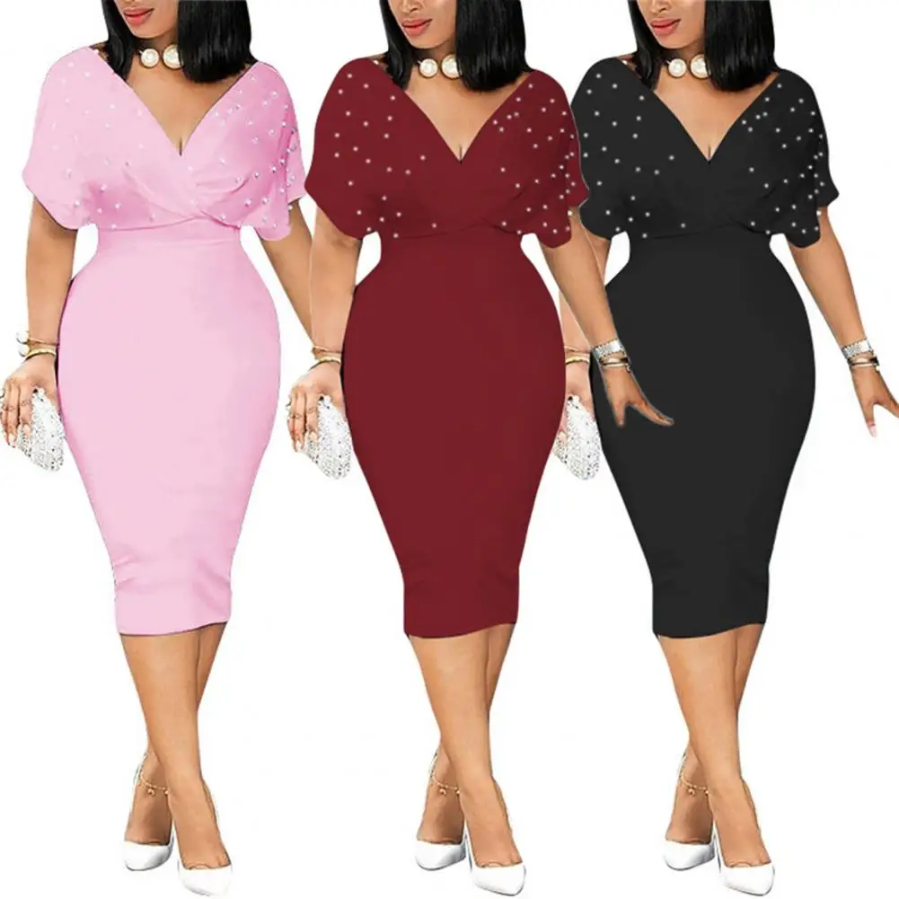 

Casual Evening Dress 4 Colors Bodycon Dress Under Knee Bat Shape Dress Back Zipper