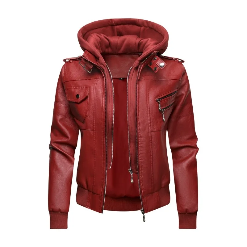 Women's Retro Color Hooded Leather Jacket Double Zipper Design Waist Cinching Shoulder Strap Ultra Short Velvet Fabric Coat