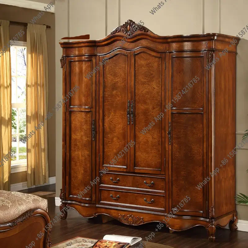 40 American Solid Wood Double-door Wardrobe European Carved Small Apartment Bedroom Storage Wardrobe Four Doors