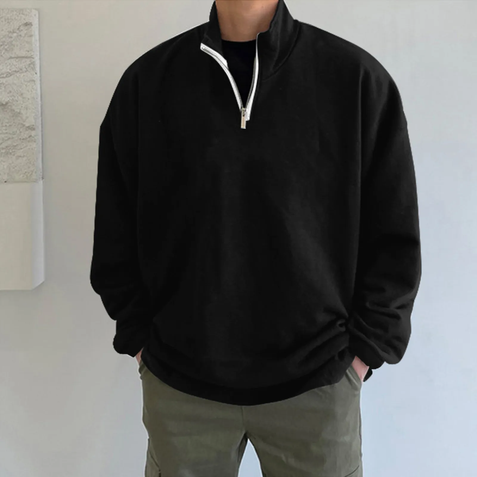 Felpa da uomo oversize con mezza cerniera e colletto alla coreana tinta unita pullover casual a maniche lunghe allentato top abbigliamento streetwear autunnale