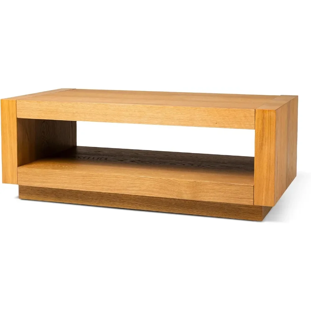 2 Tier Contemporary Rectangle Wooden Center Coffee Table with Shelf Storage for Living Room in Refined Natural Finish