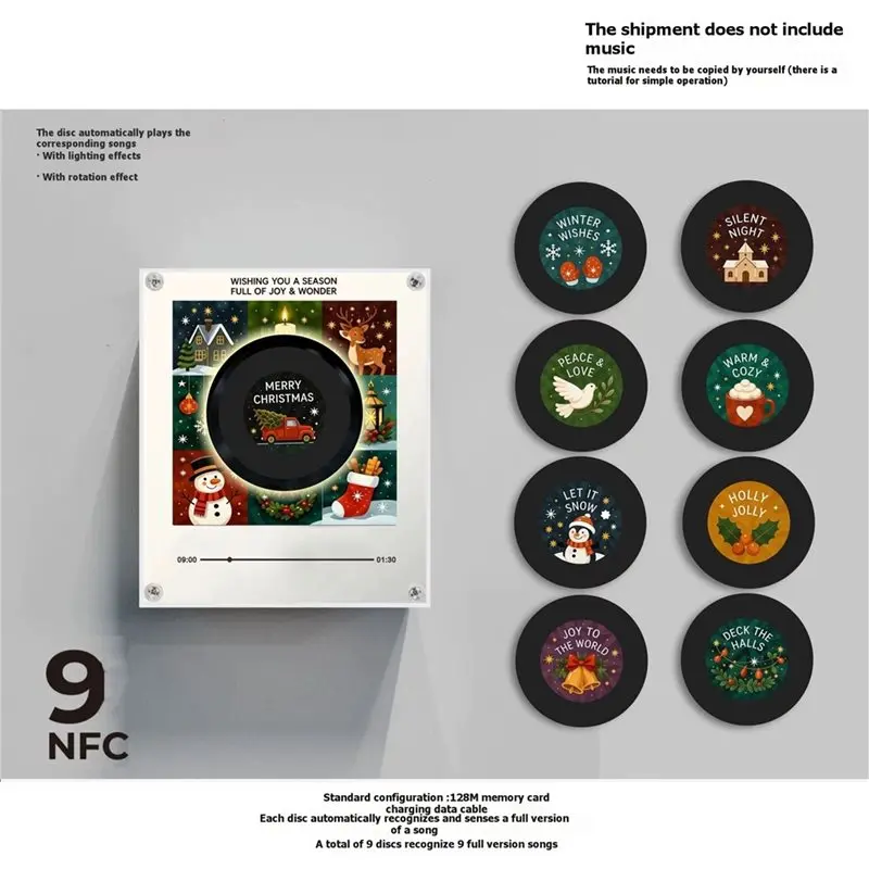 ABKL-Xmas Music Fridge Magnet Touch To Play Vinyl Record Player Magnetic Christmas Fridge Magnet Night Light Built-In LED