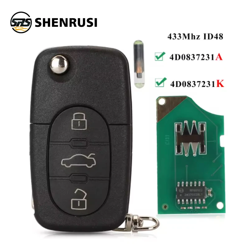 

SHENRUSI 4D0837231A 4D0837231K Key Fob For Audi A3 A4 A6 A8 TT RS4 Quattro 1994 - 2004 433Mhz ID48 Chip Car Remote Flip Key 3BT