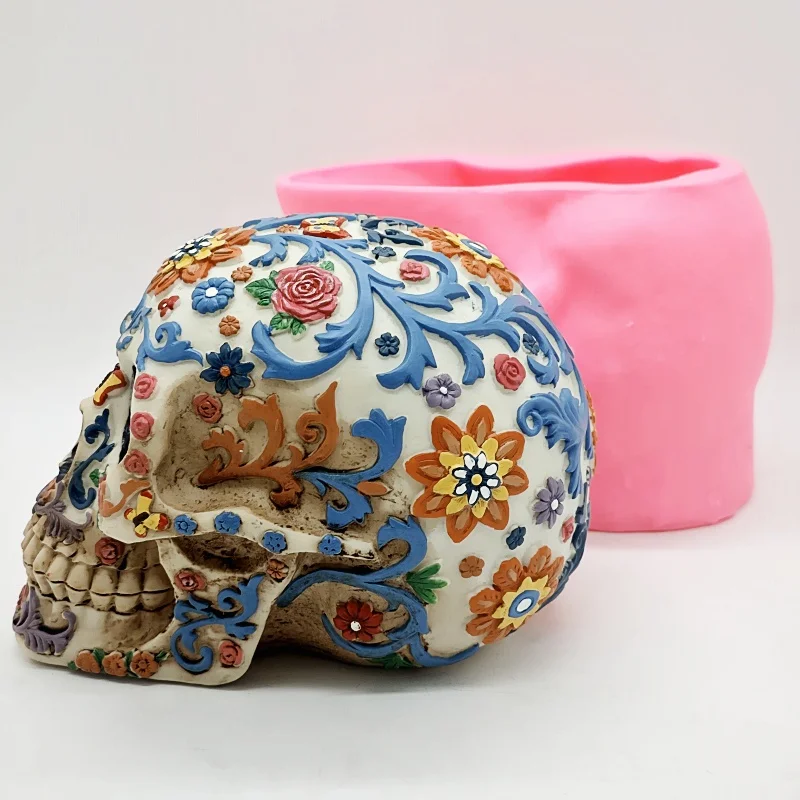 New product! Silicone mold 1:1 skull DIY candle resin model premium relief flower skull Halloween decoration tool