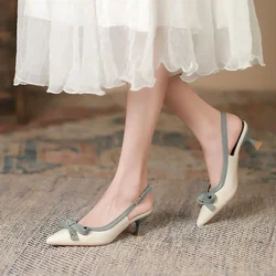 Sexy Summer 2025 for Office Work Beige Bow Blue Buckles Ladies Shoes One Word Sandals Women Footwear with Medium Heels High Sale