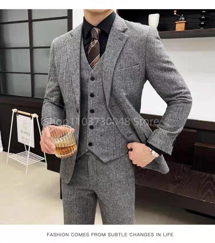 

Gray Wool Tweed Winter Men Suit's For Wedding Formal Groom Tuxedo Herringbone Male 3 Piece Suits Men Clothes(Jacket+Vest+Pants)