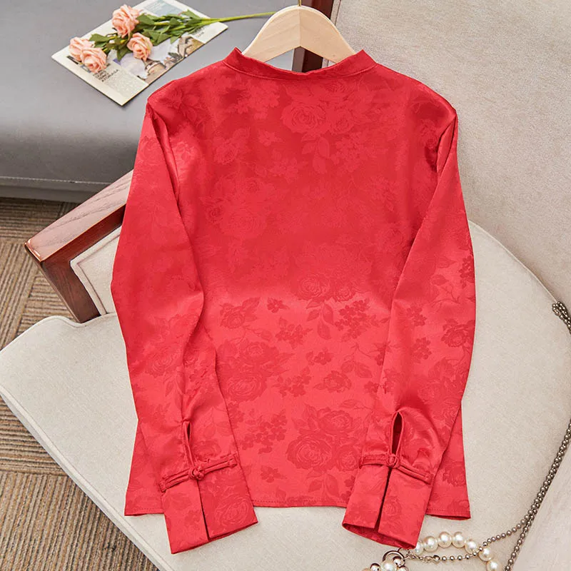 Chinese Style Woman Shirt Imitation Silk Jacquard Shirt Buckle Stand Up Collar Red Top Long Sleeve Vintage Women\'s Clothing