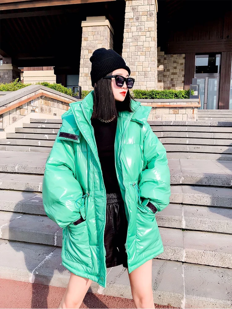 Glossy Hooded Female Waist drawstring Women Parkas Winter Women Down Cotton Jacket 2022 New Fashion Women Coat