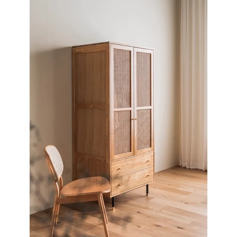 

Nordic Solid Wood Rattan Wardrobe Bed & Breakfast Bedroom Cabinet Storage Locker Log Double Door Hanging Wardrobe