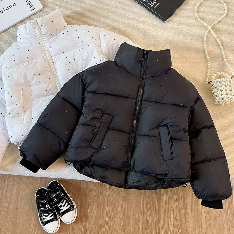 2026 Winter Girls Rhinestone Puffer Jacket Korean Star-Studded Fashion Coat Glitter Zip-Up Quilted Down Jacket
