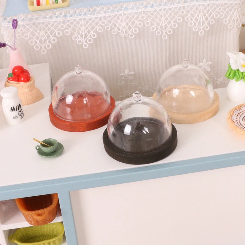 Bandeja alta transparente en miniatura para casa de muñecas, plato de postre con cubierta, bandeja de fruta para pastel, decoración de cocina, accesorios para casa de muñecas, 1:12
