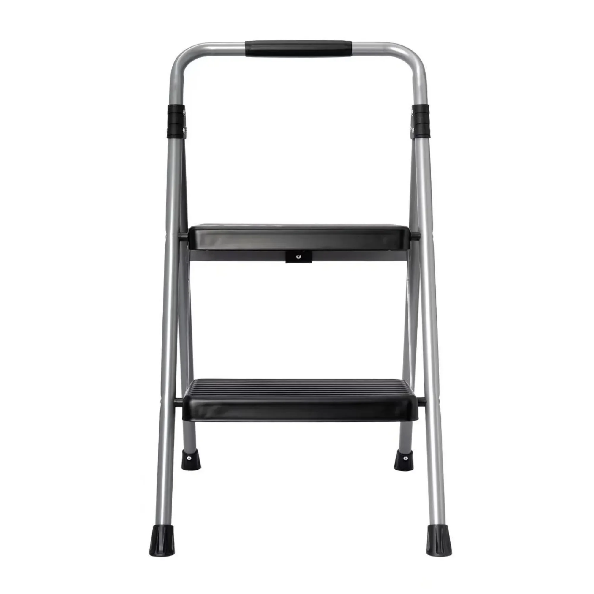 Gray and black two-step steel large platform and folding step stool - easy to fold and store