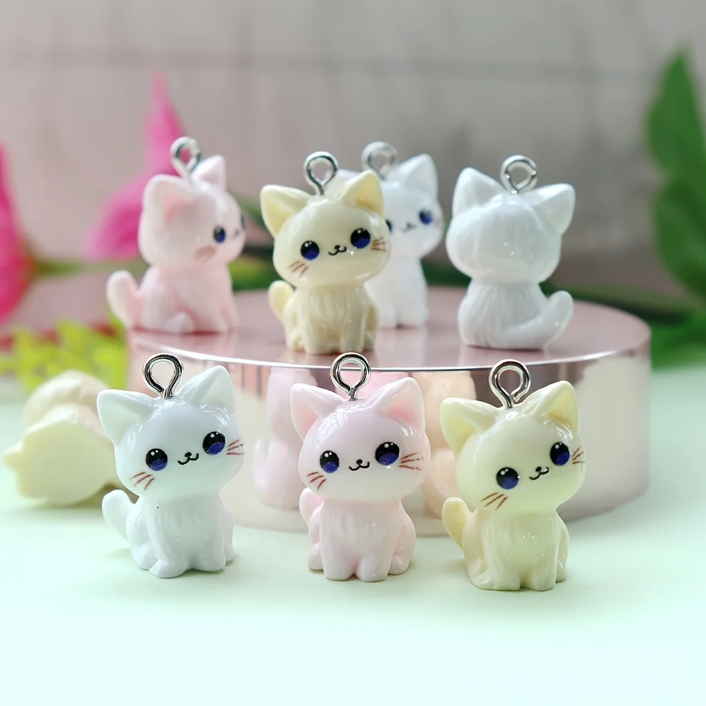6pcs Cute 3D Cat 3D Resin Charms - Kawaii Sitting Cat Pendants in Pink, White & Cream, Adorable Animal -Themed Embellishments