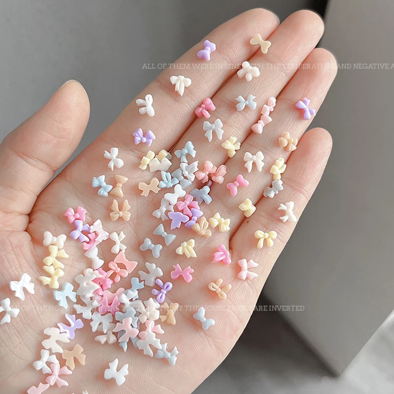 50pcs Nail Art Decor Accessories Candy Color Bow Nail Art Parts Charms Mini Resin Ribbon Nail Rhinestones DIY Summer