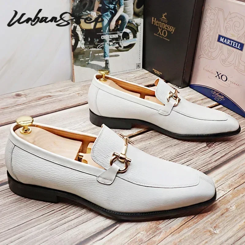 Luxury Men Leather Shoes Black White Horsebit Loafers Slip on Formal Men Dress Shoes Wedding Office Casual Shoes For Men