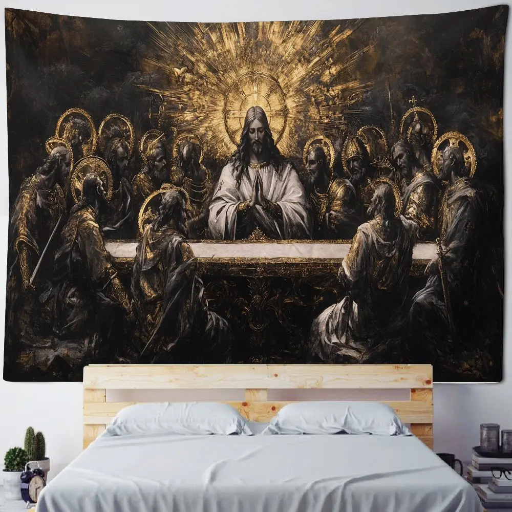 The girl kneels in front of Jesus, confessing, redeeming, and evangelizing. The background is decorated with tapestries