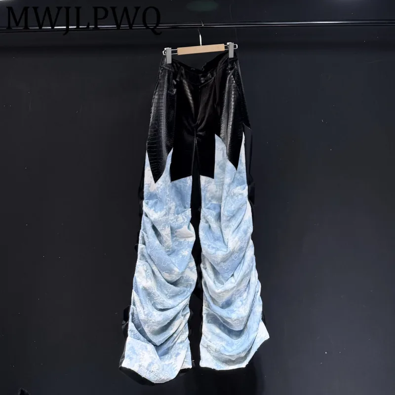 

MWJLPWQ дизайнерские брюки из сращенной кожи, мужские уличные брюки 2023, новые черные плиссированные свободные повседневные расклешенные брюки нестандартной формы, осень 12743