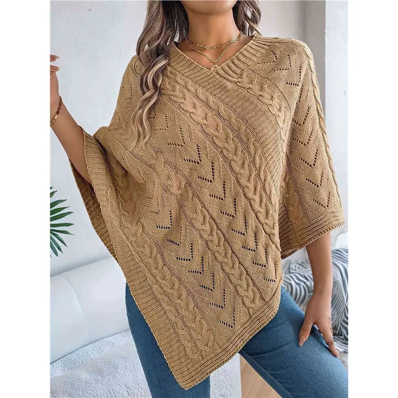 ABRT-Women Knit Poncho Sweater Irregular Hallow Out Cape Casual Fashion Knitted Shawl Wraps Fall Winter